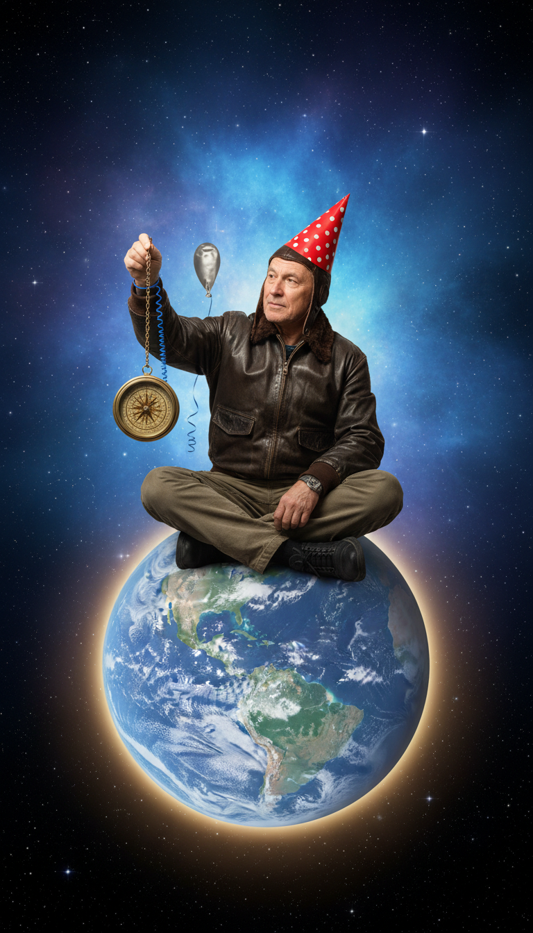 a slightly older man with no beard, sitting on earth (in space), same pose as previous image, holding up a large compass on a chain (compass dangles a little), a short balloon string ties a balloon to him (not in his hand), a party hat cocked at a dramatic angle on his head, a glowing halo under the earth, glow above/behind earth, clouds only around earth but not floating in space, some stars visible through the glow