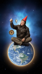 a slightly older man with no beard, sitting on earth (in space), same pose as previous image, holding up a large compass on a chain (compass dangles a little), a short balloon string ties a balloon to him (not in his hand), a party hat cocked at a dramatic angle on his head, a glowing halo under the earth, glow above/behind earth, clouds only around earth but not floating in space, some stars visible through the glow