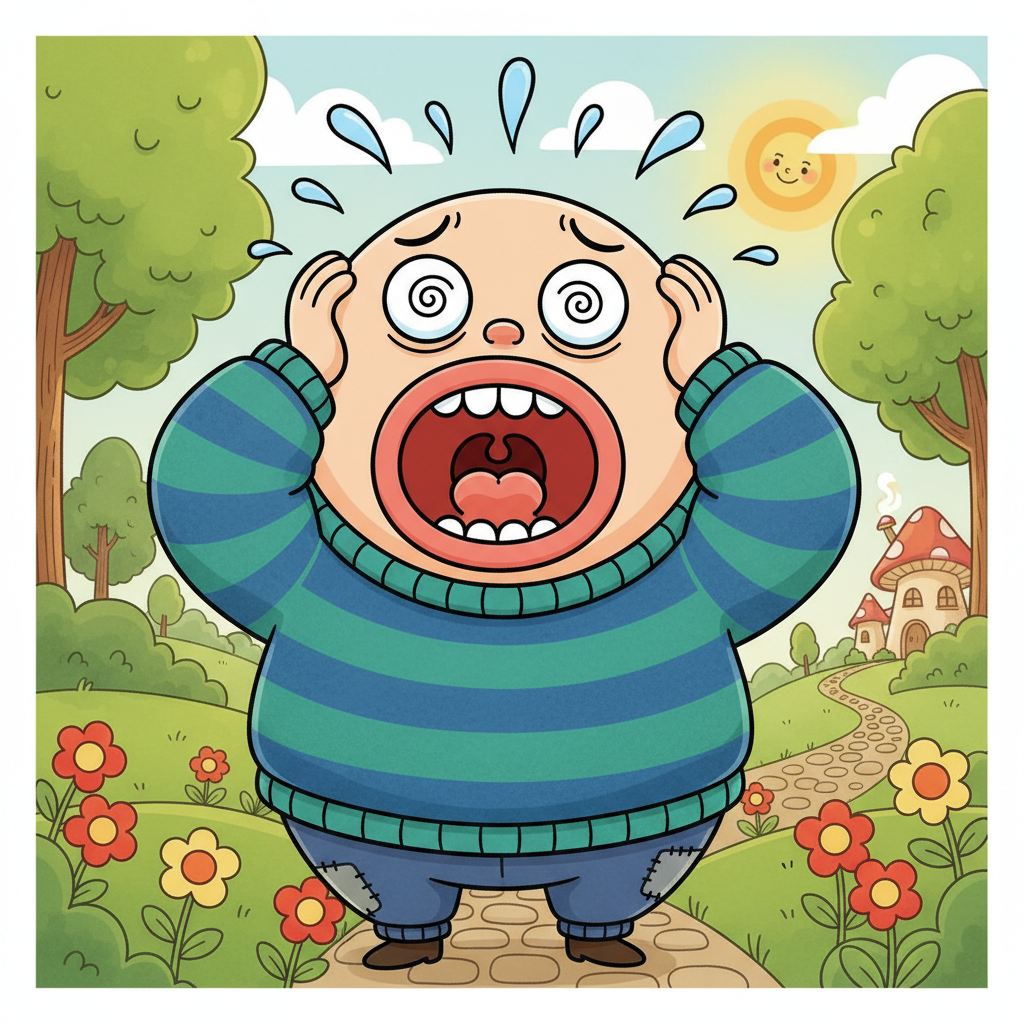 A whimsical, portly character with a round head, no nose, large round eyes with a single coiled line inside each, mouth is a perfect circle with a continuous lip, four rounded teeth at the top of the open mouth, tongue aquiver, tonsils visible, arched eyebrows, worry sweat drops above the head, holding his ears and screaming with less of the ears visible, set in an illustrated outdoor background (like a park or garden).