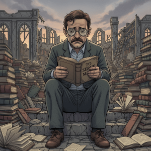 Burgess sits facing forward on dystopian library steps, looking very sad. Surrounding him are piles of books, open and closed. He reads a book titled 'To Serve Man', with the title visible. He has a mustache (no beard) and is wearing glasses with both lenses badly cracked but intact—not exploding, no shards. The cracked lenses are clearly rendered. Background shows remnants of a ruined library structure, but no other buildings. The style is illustrative, not realistic. The composition should make his sadness and broken glasses very obvious.