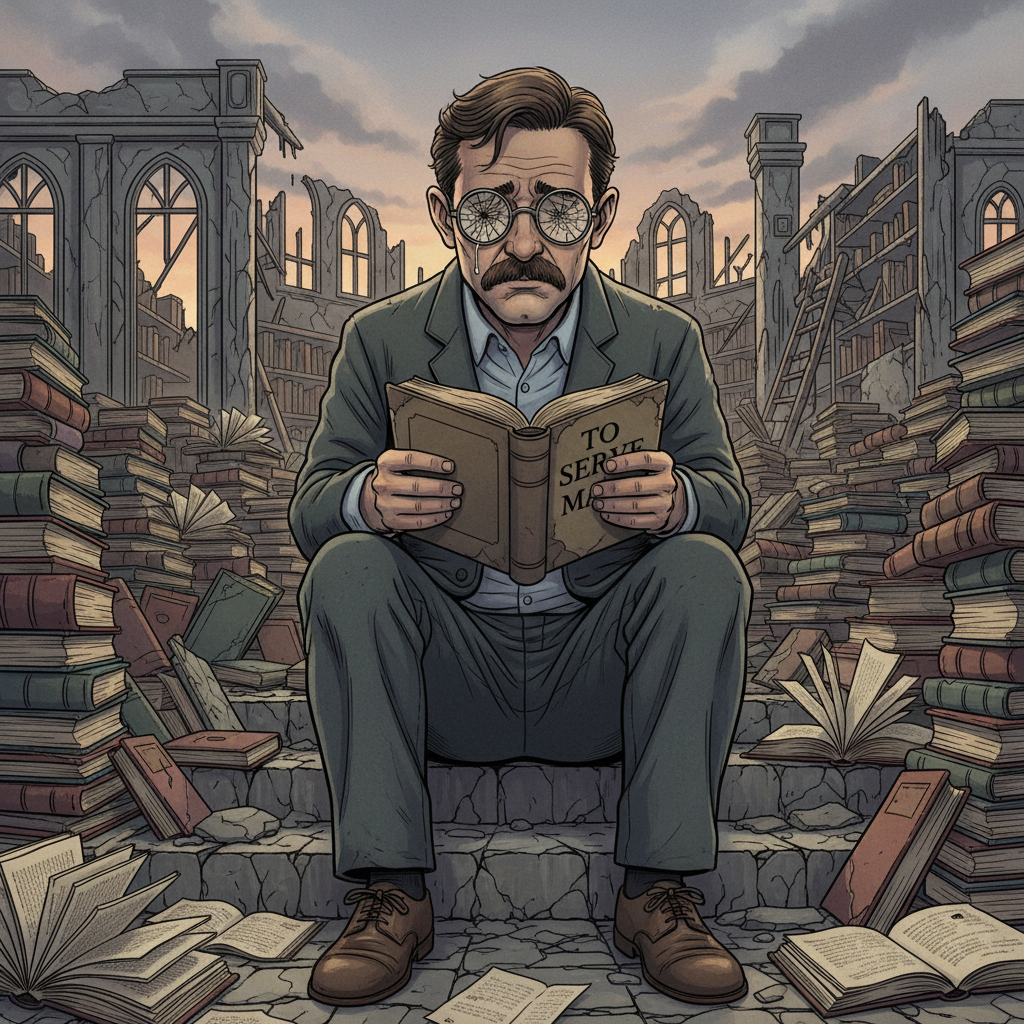 Burgess sits facing forward on dystopian library steps, looking very sad. Surrounding him are piles of books, open and closed. He reads a book titled 'To Serve Man', with the title visible. He has a mustache (no beard) and is wearing glasses with both lenses badly cracked but intact—not exploding, no shards. The cracked lenses are clearly rendered. Background shows remnants of a ruined library structure, but no other buildings. The style is illustrative, not realistic. The composition should make his sadness and broken glasses very obvious.