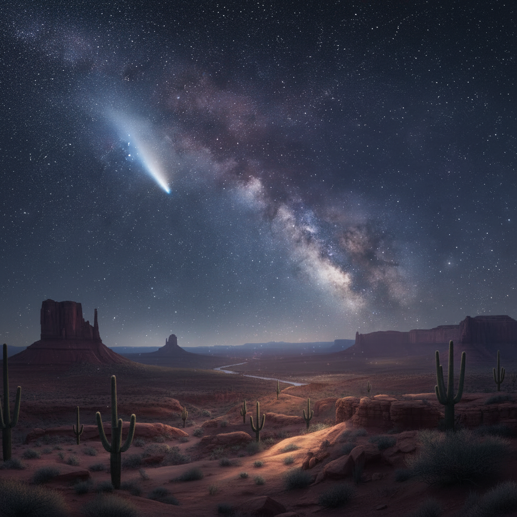 night sky with cloud nebula, comet, many stars over illuminated southwest desert landscape