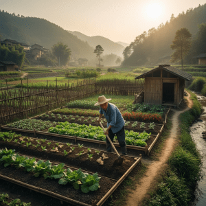 smaller Chinese crop garden, farmer with hoe working soil
