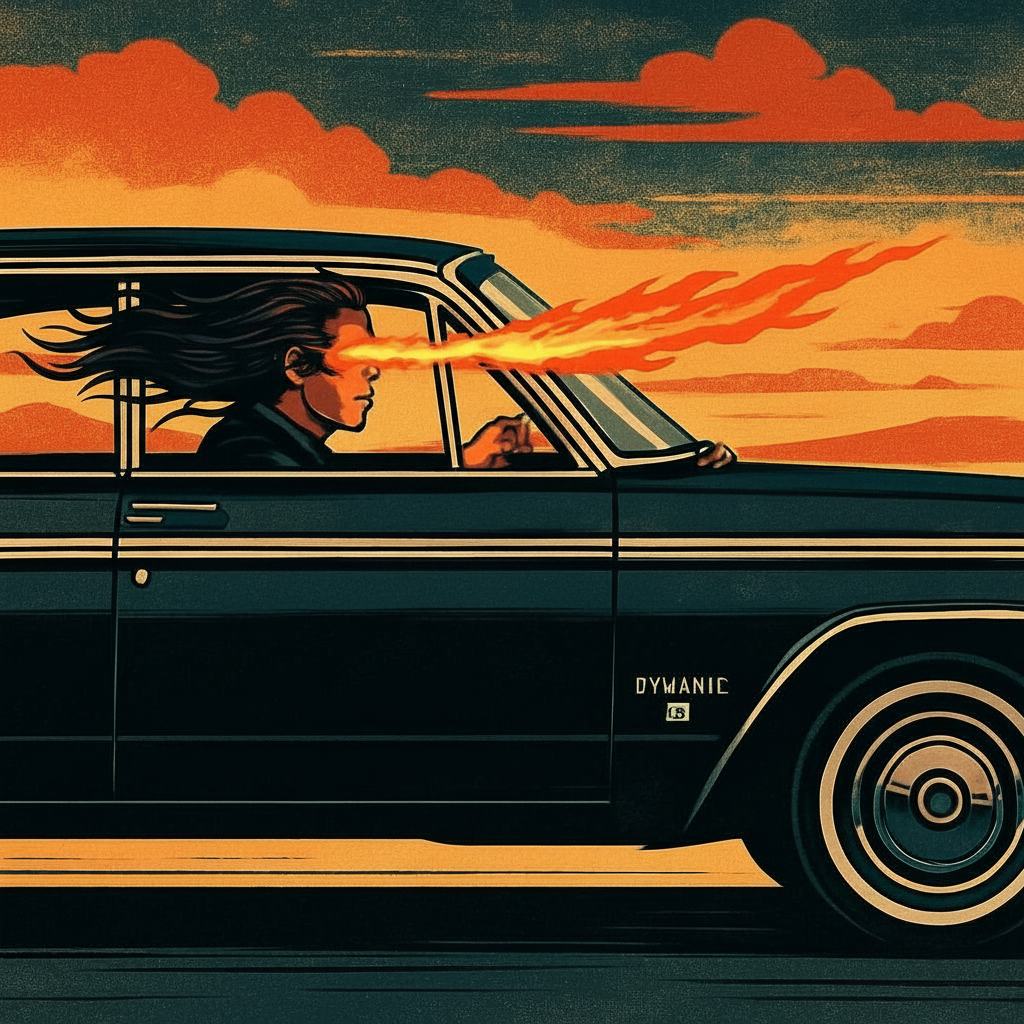 Long-haired young man driving a black 1964 Oldsmobile Dynamic 88, side view from driver’s side, on an open road, fire shooting from his eyes, stylized background