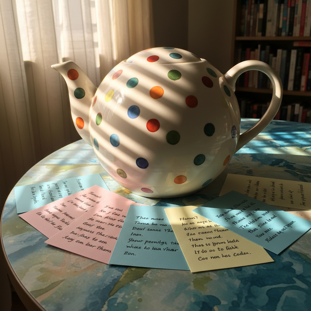 A curvy, oversized ceramic teapot painted with cheerful polka dots rests atop a swirl-patterned table, with a scattering of handwritten poems on pastel-colored notecards fanned out below it. The teapot’s glossy surface catches dynamic streaks of soft afternoon sunlight filtering through sheer curtains, generating lively highlights. The mood is playful and inviting, evoking a cozy and imaginative poetry reading session. Photographed from a slightly elevated angle, the composition uses asymmetrical balance, with rounded forms drawing the eye in. Brilliant, saturated colors and a subtly blurred background enhance the energy, blending photographic realism with a whimsical, joyful aesthetic.