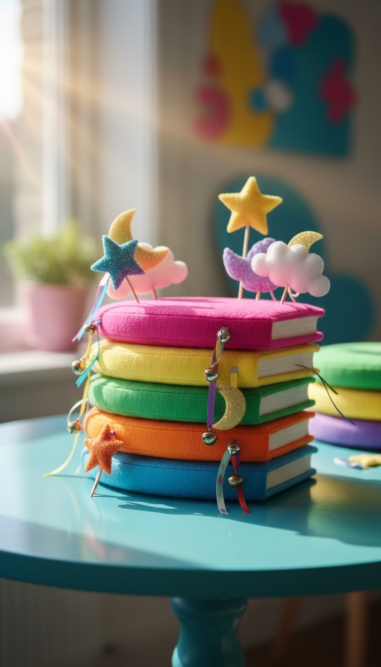 A whimsical stack of vibrantly colored books with plush, rounded covers and oversized, playful bookmarks protruding, all set in a lively, circular pattern atop a glossy turquoise tabletop. Bright daylight streams in from a nearby window, creating energetic highlights along the books’ spines and casting playful rounded shadows on the surface below. The atmosphere is energetic and delightfully playful, with a photographic realism that emphasizes rich textures and cheerful hues. Captured from an eye-level angle, using the rule of thirds to place the stack off-center, the image has a shallow depth of field, making the foreground pop while softly blurring the candy-colored books in the background. Perfectly encapsulates the vibrant spirit and creativity of a fun poetry blog.