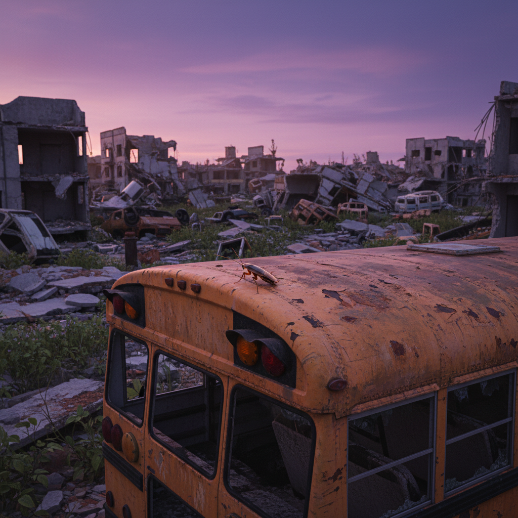 A post-apocalyptic scene with a pale, purplish dawn sky. A cockroach sits atop the rusty husk of a school bus, peering out at a landscape of ruins with some plant life. No fires, no flags, and the cockroach is properly to scale (small, but visible, not as large as the bus). The sky is very purplish and the viewpoint is close enough to the bus to emphasize the scene, in a square format.