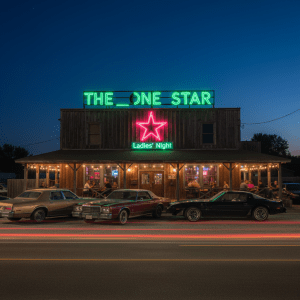 A night scene at a honkytonk bar with a porch, featuring a neon sign reading 'The Lone Star' where the 'L' is completely dark or burnt out and the rest of the letters glow in green. The neon sign is over a bright pink neon star. Below is a smaller 'Ladies’ Night' sign. Several vintage late 1970s cars are parked out front. Emphasize the 'L' in 'Lone' being turned off or darkened while the rest of the letters are bright.